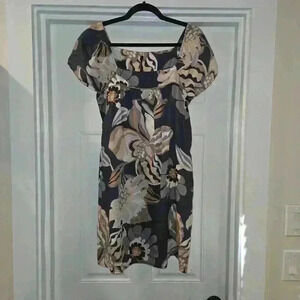 Sud Express 100% Cotton Peasant Floral Tunic Dress Blue Gray Size Large